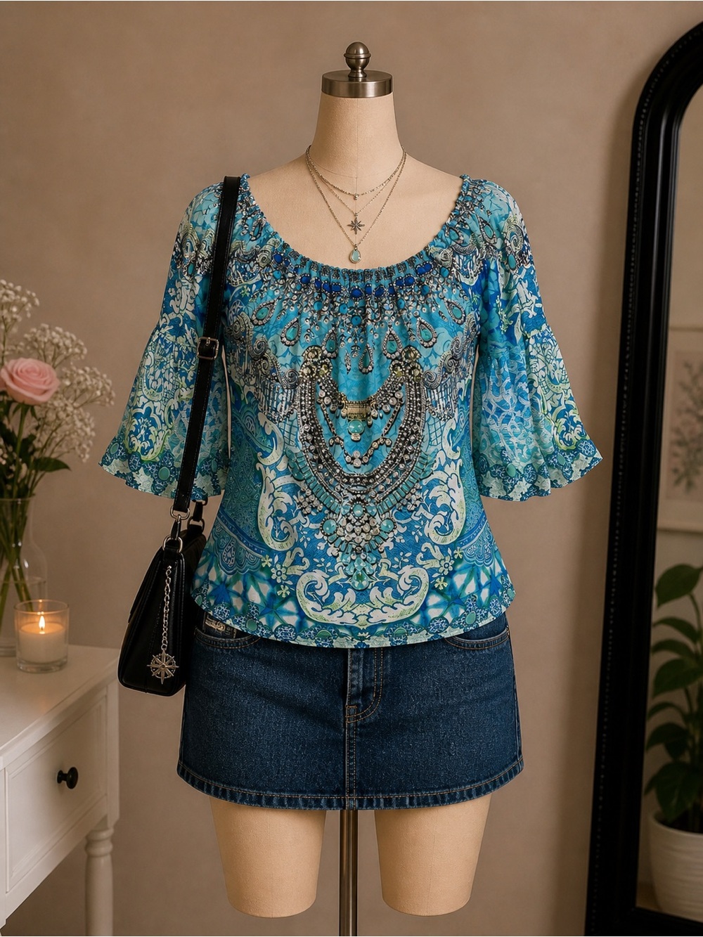 Ranees blue beaded off shoulder top bell sleeve boho paisley size L Y2K